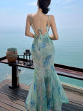 Nukty Summer Spring Mermaid Dress for Women Elegant Spaghetti Strap Princess Bodycon Evening Dresses Slim Waist Lace-up Vestidos Robe