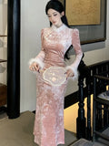 Nukty Elegant Velvet Womens Dresses Fashion New Chinese Style Bodycon Evening Party Dress Female Clothing Slim Vestidos Chic Robe New
