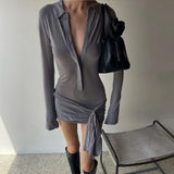 Nukty Sexy Turn-down Collar Long Sleeve Solid Mini Dress Y2K Chic Slim fit Women Vacation Dresses Summer New Party Vestidos