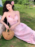 Nukty Elegant Floral Print Midi Dress for Women Pink Spaghetti Strap V-neck Birthday Party Dresses Summer A-line Prom Casual Vestidos