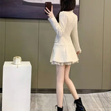Nukty Women Spring and Autumn New Doll Neck Pleated Skirt Fashion Sweet Youth Style Solid Button Ruffle Edge Long Sleeve A-line Skirt
