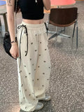 Nukty Fashion Lace Patchwork Women Casual Pants Summer Loose Preppy Bow Print Jogging Pants High Waist All Match Straight Trousers