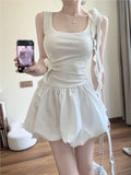Nukty Summer Sweet Korean Fashion White Retro Dress Square-Neck Slim Wasit Sleeveless Flower Lace-up Small Vest Dress Women New 2025