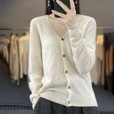 Nukty New Fashion Spring Autumn 100% Merino Wool Women's V-neck Cardigan Cashmere Sweater 2024 Female Knitwear Clothing Korean Tops