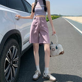 Nukty Summer New Korea Fashion Loose Women Jeans Shorts Purple Pink High Waist Straight Pockets Female Wide Short Pants