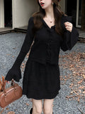 Nukty Elegant Casual Knitted Two-piece Skirt Set Women Flare Sleeve V-Neck Cardigan Mini Pleated Skirt Autumn Y2K Slim Fit Outfits New