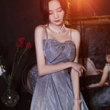 Nukty DRESS TO IMPRESS Shiny Blue Prom Dress Sexy Spaghetti Strap Sweet Bow Starry Sky Sequins Cocktail Party Gown Floor-Length A-Line Formal Vestido