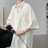 Nukty Wine Red Side Buttons Pleated Shirt Black Apricot Harajuku Button Up Korean Short Sleeve Aesthetic Male Shirts Men Blouse