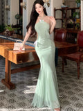 Nukty Spring Summer Green Mesh Chic Bow Hollow Out Dresses Women Fashion Bodycon Sexy Neck-mounted Korean Elegant Party Dress