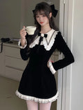 Nukty Y2K Sweet Velvet Womens Dresses French Patchwork Princess Flare Long Sleeves Birthday Party Mini Dress Female Short Vestidos New