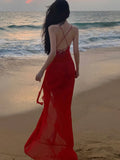 Nukty Sexy Spaghetti Strap Womens Dresses Elegant Backless V-neck Ruffles Evening Party Long Dress Beach Casual Robe Female Outfits
