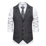 Nukty Men's Retro Lapel Chain Vest Fashion Herringbone Coarse Tweed Pockets Suit Vest British Casual Vintage Gentleman Leisure Party