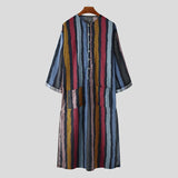 Nukty Men's Muslim Long Sleeve Cotton Striped Robes Islamic Arabian Kaftan Suit Middle East Dubai Abaya Retro Spring Clothing 2025 New