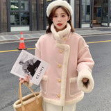 Nukty Pink Sherpa Cashmere Jacket Ladies Short Winter Fur Solid Color Loose Stitching Long Sleeve Small Korean Style Thickening New