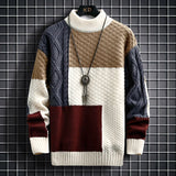 Nukty Autumn Winter Men Sweater Warm Top New Fashion Stitching Color Matching Pullover Round Neck Sweater Thickened Knitted Sweater