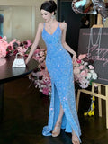 Nukty Women's Sexy Blue Evening Gown Luxury Dresses Slim Backless V-Neck Split Maxi Dress Fashion Robe Birthday Party Spring Autumn