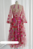 Nukty Barbie Pink Embroidered Flower V-neck Bride Dress Loose Full sleeve and Belt Beach Evening Gown for Wedding Guest Birthday Party