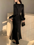 Nukty Autumn Satin Long Dresses for Women Long Sleeve Slim Mermaid Dress Vintage Solid Wedding Party Prom Robe Lace Up Vestidos Mujer