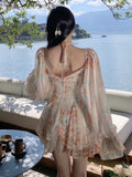 Nukty Vintage Floral Print Womens Dresses Elegant Slash Neck Flare Long Sleeves Princess Birthday Party Mini Dress A-Line Chiffon Robe