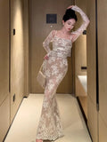 Nukty Vintage Elegant Bandage Mermaid Dress White Lace Wedding Evening Prom Robe Women Summer Bodycon Spaghetti Straps Vestidos Mujer