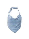 Nukty  Sexy Backless Halter Tops Women Summer Blue Bright Silk Female Camis Y2K Fashion Lace-Up Slim Ruched Crop Vests