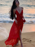 Nukty Sexy Spaghetti Strap Womens Dresses Elegant Backless V-neck Ruffles Evening Party Long Dress Beach Casual Robe Female Outfits