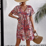 Nukty 2024 Summer New Women Ethnic Graphic Print Dress Beach Bohemian Sundress V Neck Short Sleeve Dress Holiday Dresses Vestidos