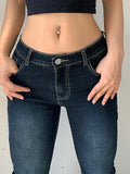 Nukty  Y2K High Street Low Rise Jeans Blue Women Pants Bootcut  Pockets Jeans Streetwear Low Waist Jeans Wide Leg Pants