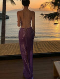 Nukty Purple Sequin Sexy Slim Dress 2024 Women Sleeveless Backless Bandage High Waist Long Dresses Holiday Elegant Party Gown