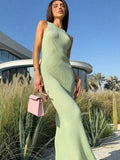 Nukty Women Elegant Round Neck Maxi Dress Fashion Green Sleeveless Bodycon Beach Robes Summer New High Street Vocation Dresses