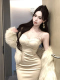 Nukty Korean Sexy Split Medium Women's Dresses Slim Wasit Lace Patchwork Bodycon Dress Birthday Party Prom Gown 2025 New Spring Summer
