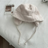Nukty Korean New Ear Protection Bucket Hats for Women Autumn and Winter Travel Versatile Warm Retro Solid Color Plush Men's Caps