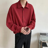 Nukty Long sleeve shirt men Double Collar Ice Silk Shirt Men Vintage Wine Red Shirts Men Korean Comfortable Blouse Casual Loose Shirt