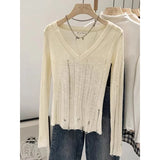 Nukty Coquett Y2K Women's Knit Sweater Hollow Out Knitwear V Neck Pullovers Spring See Through Jumper Harajuku Fashion Grunge