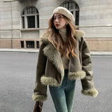 Nukty Winter Coat Women Faux Deerskin Leather Fur Jacket Fashion Streetwear Lapel Short Motorcycle Biker Coats Outwear Mujer Tops