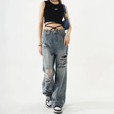Nukty Women's Trendy Straight Jeans with Ripped Knees Women's Fashionable and Comfortable High Waist Casual Jeans Loose Wide Leg Pants