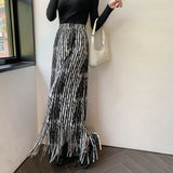 Nukty French Chic Long Skirts for Women Tie-dye Printed Tassel High Waist Female Sheath Skirt Ladies Streetwear Maxi Skirt