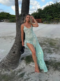 Nukty Women Fashion Irregular Ruffles Hem Long Dress Sexy High Split V-neck Backless Maxi Dresses Summer Vocation Beach Party Vestidos