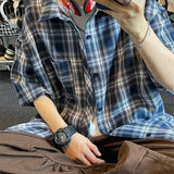 Nukty Casual Plaid Short Sleeve Shirt For Men Summer Japanese Vintage Loose Fit American Style Trendy Brand Jacket