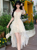 Nukty Elegant Korean Floral Ruffles Fairy Dress Vintage Court Style ShorteSleeve Princess Party Dresses Sweet Slim Waist Vestidos New