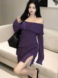 Nukty Women French Sexy Fairy Mini Dress Autumn Spring Purple Slash Neck Flare Long Sleeve Female Evening Party Prom Vestidos Outfits
