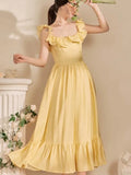 Nukty Yellow Ruffle Summer Chic French Pleated Long Dresses New Women's Flying Sleeve High Waist Square Collar Vacation Backless Dress