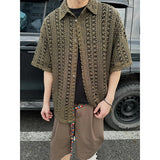 Nukty Fashion Army Green Knitted Hollow out Shirt Men Streetwear Transparent Lapel Short Sleeve Button Camisas Sexy Men Clothing 2XL-M