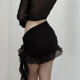 Nukty Sexy High-waist Split Hip Hollow Out Skirt Y2K Metal Butterfly Black Ruffles Skirt Summer Slim Night Club Mini Dresses