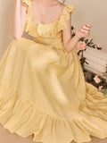 Nukty Yellow Ruffle Summer Chic French Pleated Long Dresses New Women's Flying Sleeve High Waist Square Collar Vacation Backless Dress