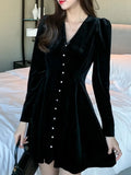 Nukty Elegant Solid Velvet Dresses for Women V-neck Long Sleeve A-line French Mini Dress Party Evening Autumn Casual Vestidos Mujer