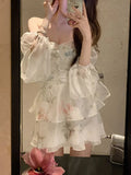 Nukty Chiffon Dress for Women Long Sleeve Party French Style Dress Fairycore Floral Ruffles Square Collar New Spring Summer Dress