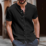 Nukty Cotton hemp hot sell men's short sleeve shirt summer solid color stand collar casual beach style shirt