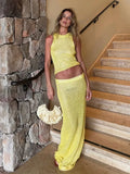 Nukty Sexy Transparent Sleeveless Shiny Camisole Tank Top Long Dress Two Piece Set 2025 Fashion Elastic Waist Wrap Hip Knitted Set K68