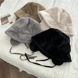 Nukty Korean New Ear Protection Bucket Hats for Women Autumn and Winter Travel Versatile Warm Retro Solid Color Plush Men's Caps
